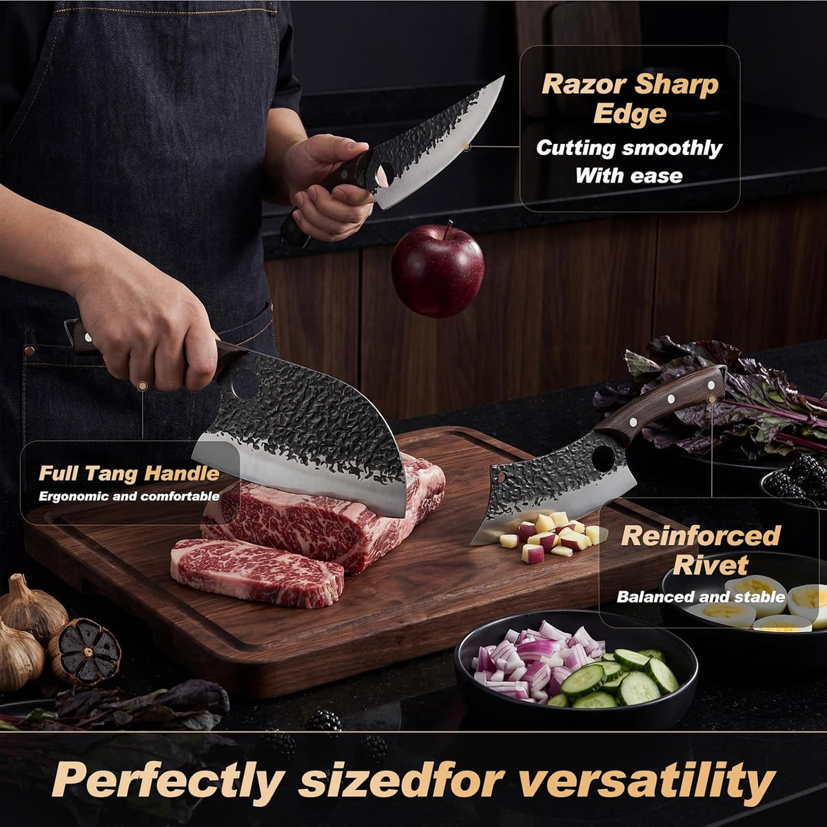 Butcher Knife, Hand Forged Serbian Chef Knife & Meat Cleaver & Viking Knife, Food Cutting Kitchen Knife for Home, Outdoor Cooking, Camping BBQ Gift for Men