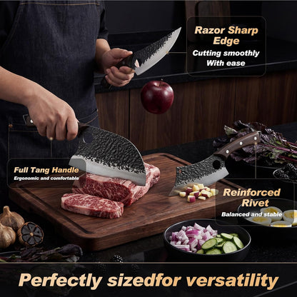 Butcher Knife, Hand Forged Serbian Chef Knife & Meat Cleaver & Viking Knife, Food Cutting Kitchen Knife for Home, Outdoor Cooking, Camping BBQ Gift for Men