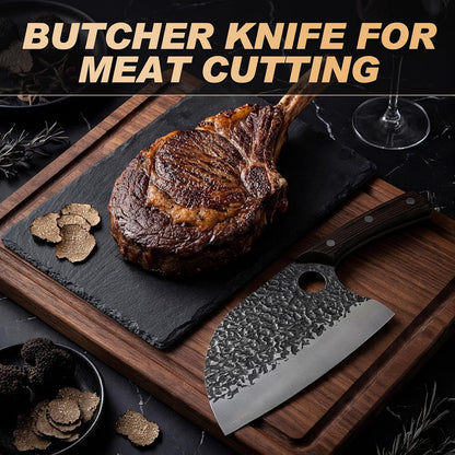 Butcher Knife, Hand Forged Serbian Chef Knife & Meat Cleaver & Viking Knife, Food Cutting Kitchen Knife for Home, Outdoor Cooking, Camping BBQ Gift for Men