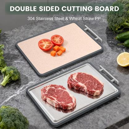 Stainless Steel Cutting Board 8x10" and 15x11", Double Sided Steel Chopping Board for Kitchen, Steel and Wheat Straw PP 2-in-1 Cutting Board for Meat Vegetables Fruits, Dishwasher Safe