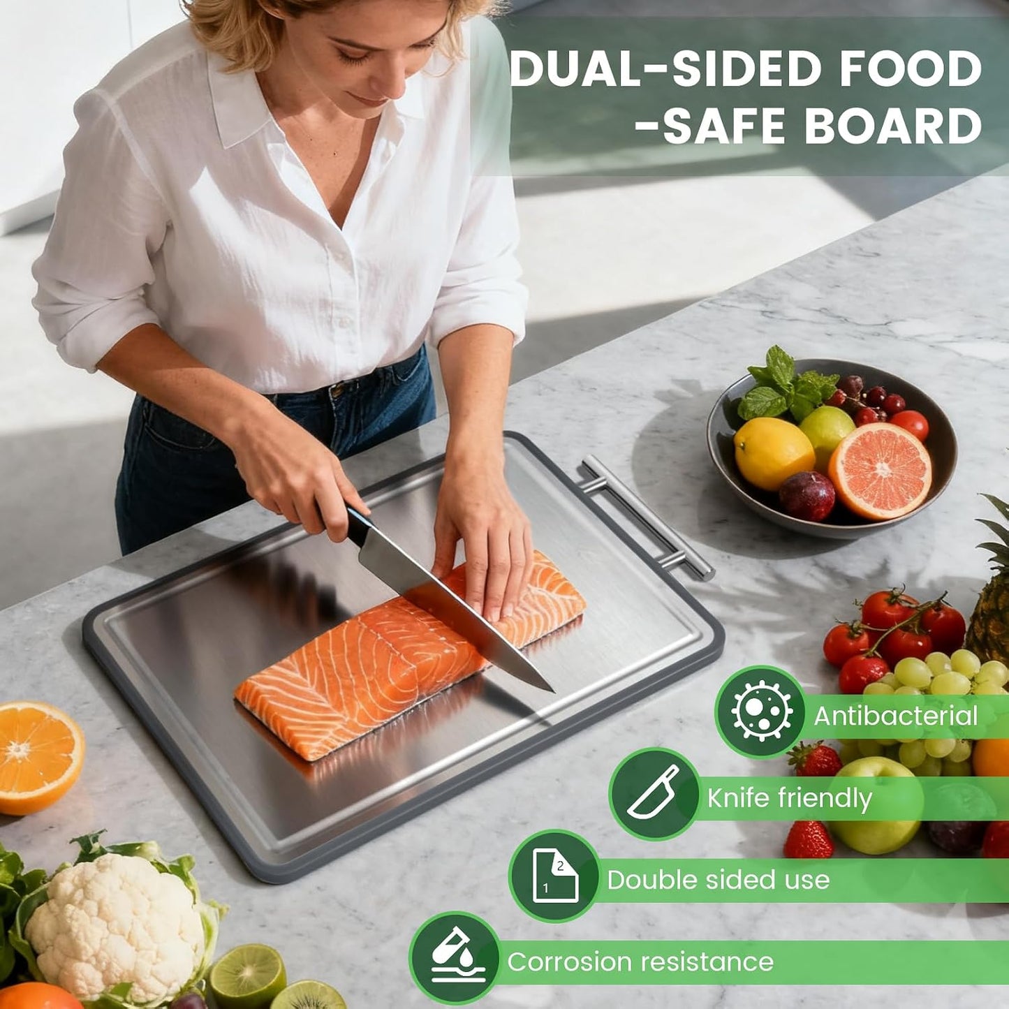 Stainless Steel Cutting Board 8x10" and 15x11", Double Sided Steel Chopping Board for Kitchen, Steel and Wheat Straw PP 2-in-1 Cutting Board for Meat Vegetables Fruits, Dishwasher Safe