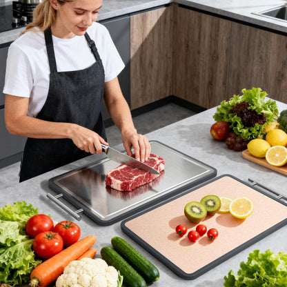 Stainless Steel Cutting Board 8x10" and 15x11", Double Sided Steel Chopping Board for Kitchen, Steel and Wheat Straw PP 2-in-1 Cutting Board for Meat Vegetables Fruits, Dishwasher Safe
