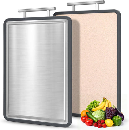 Stainless Steel Cutting Board 8x10" and 15x11", Double Sided Steel Chopping Board for Kitchen, Steel and Wheat Straw PP 2-in-1 Cutting Board for Meat Vegetables Fruits, Dishwasher Safe