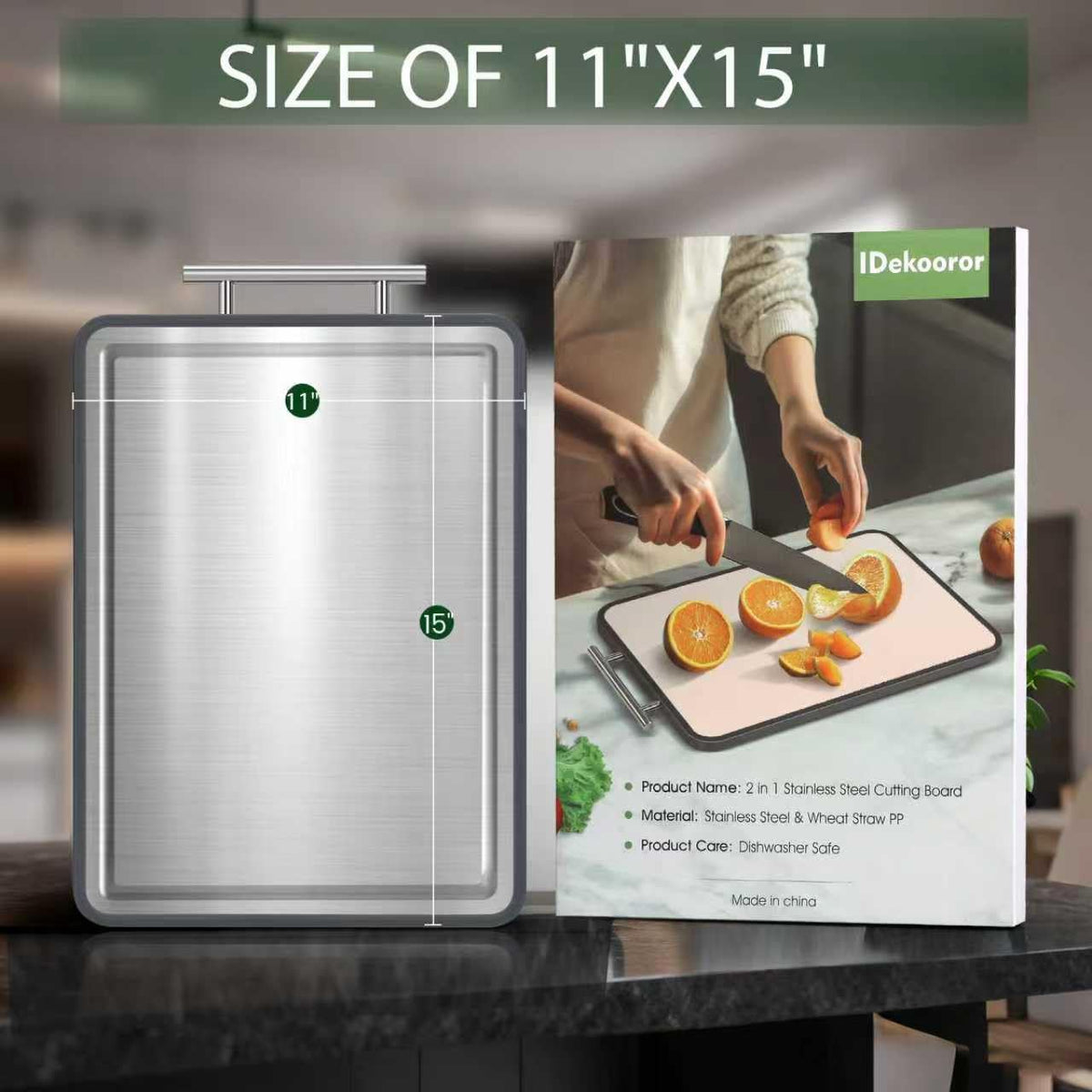 Stainless Steel Cutting Board 8x10" and 15x11", Double Sided Steel Chopping Board for Kitchen, Steel and Wheat Straw PP 2-in-1 Cutting Board for Meat Vegetables Fruits, Dishwasher Safe