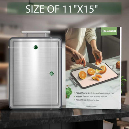 Stainless Steel Cutting Board 8x10" and 15x11", Double Sided Steel Chopping Board for Kitchen, Steel and Wheat Straw PP 2-in-1 Cutting Board for Meat Vegetables Fruits, Dishwasher Safe
