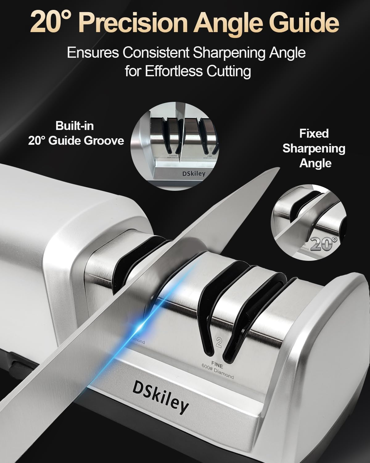 Electric Knife Sharpener for Kitchen – Professional 3-Stage 100% Diamond System with 20° Precision Angle, Fast Sharpening to Restore & Polish Chef Knives(Black)