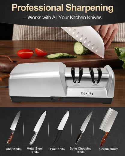 Electric Knife Sharpener for Kitchen – Professional 3-Stage 100% Diamond System with 20° Precision Angle, Fast Sharpening to Restore & Polish Chef Knives(Black)