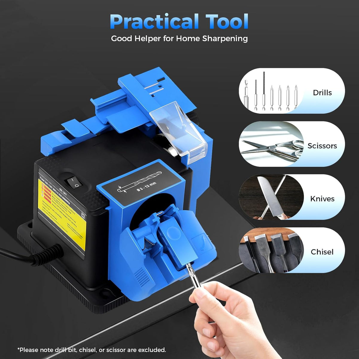 Multifunctional Electric Sharpener, 65W High Strength Drill Bit Grinding Machine Sharpening Machine with Four Anti-Slip Feet Knife,Scissor Sharpening Tool Applicable Drill 0.12-0.51inch (110V)