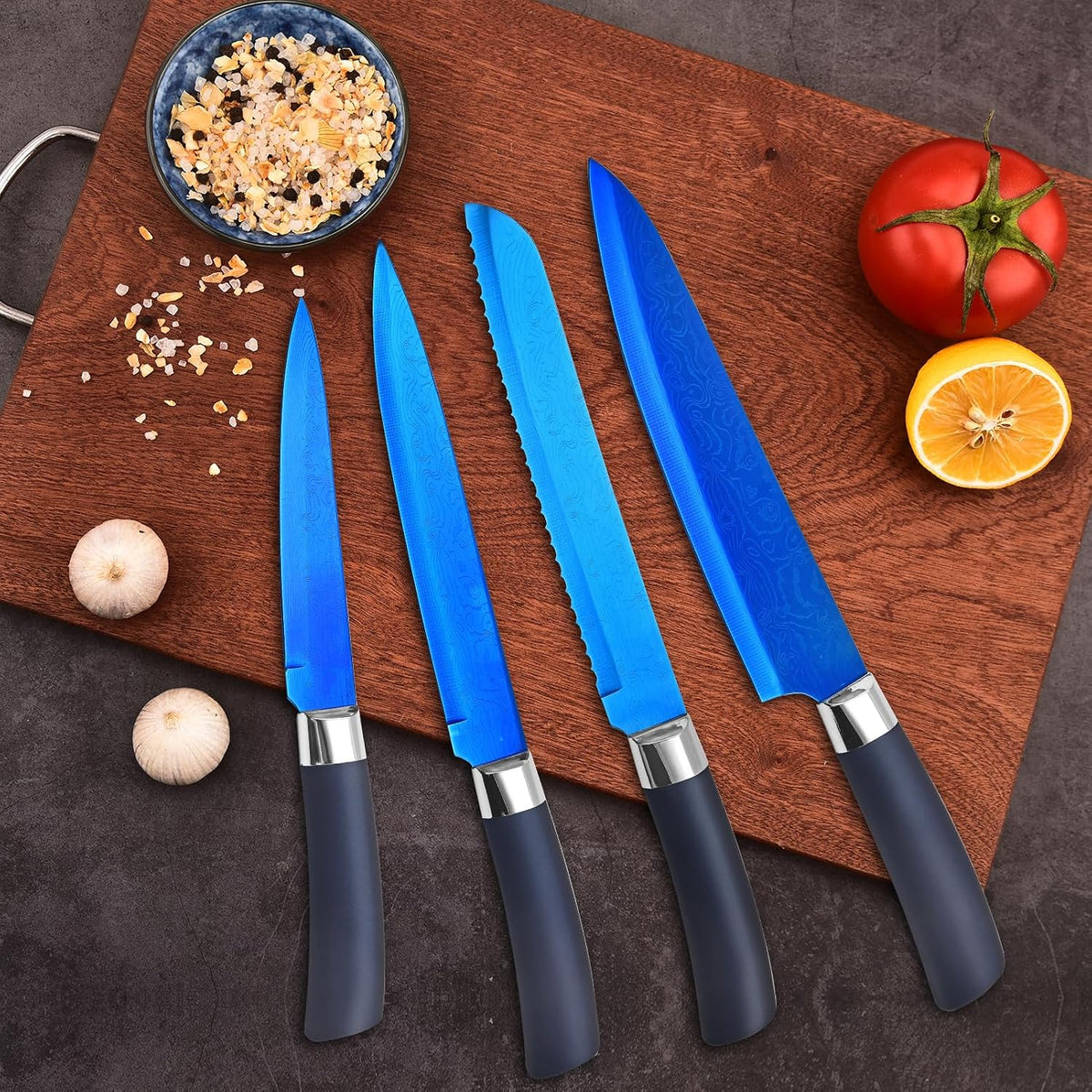 Knife Set, Kitchen Non Stick Knives Set with Block Thick Blade Cutlery Knife Block Sets with Sharpener 6pcs Steak Knife Shears Chef Sharp Quality Aluminum Alloy Block Blue Handle and Blade