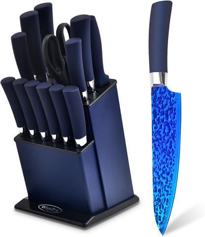 Knife Set, Kitchen Non Stick Knives Set with Block Thick Blade Cutlery Knife Block Sets with Sharpener 6pcs Steak Knife Shears Chef Sharp Quality Aluminum Alloy Block Blue Handle and Blade