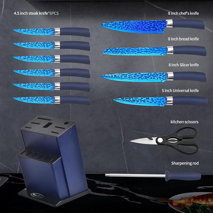 Knife Set, Kitchen Non Stick Knives Set with Block Thick Blade Cutlery Knife Block Sets with Sharpener 6pcs Steak Knife Shears Chef Sharp Quality Aluminum Alloy Block Blue Handle and Blade