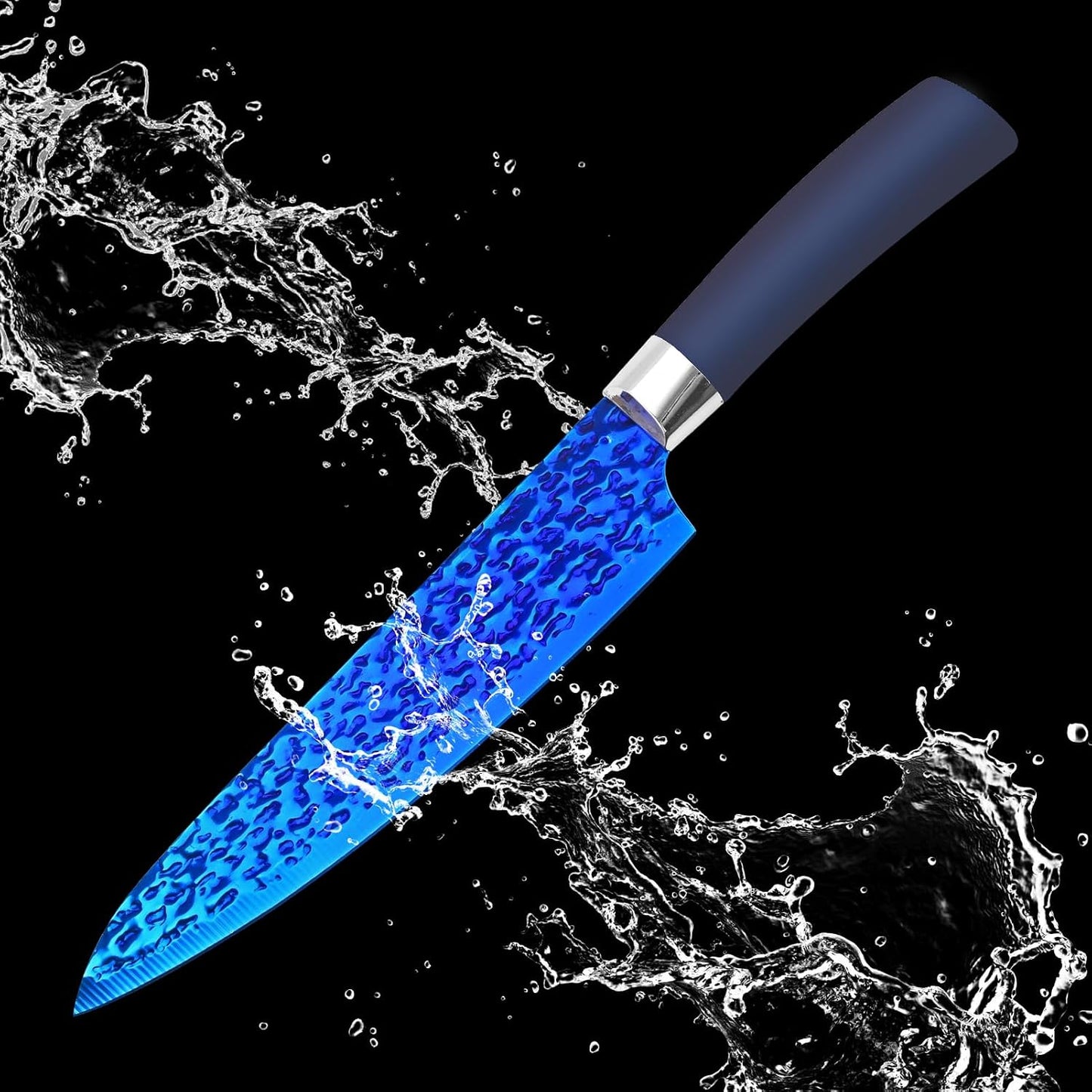 Knife Set, Kitchen Non Stick Knives Set with Block Thick Blade Cutlery Knife Block Sets with Sharpener 6pcs Steak Knife Shears Chef Sharp Quality Aluminum Alloy Block Blue Handle and Blade