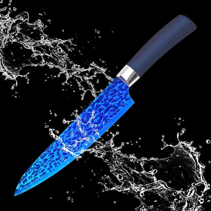 Knife Set, Kitchen Non Stick Knives Set with Block Thick Blade Cutlery Knife Block Sets with Sharpener 6pcs Steak Knife Shears Chef Sharp Quality Aluminum Alloy Block Blue Handle and Blade