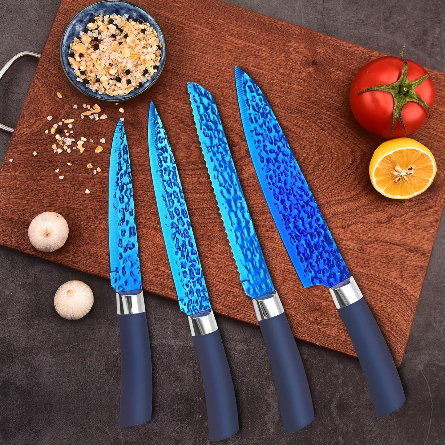 Knife Set, Kitchen Non Stick Knives Set with Block Thick Blade Cutlery Knife Block Sets with Sharpener 6pcs Steak Knife Shears Chef Sharp Quality Aluminum Alloy Block Blue Handle and Blade