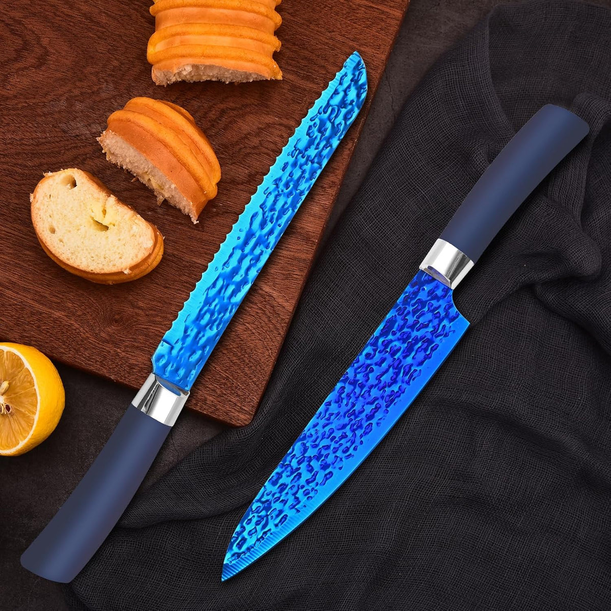 Knife Set, Kitchen Non Stick Knives Set with Block Thick Blade Cutlery Knife Block Sets with Sharpener 6pcs Steak Knife Shears Chef Sharp Quality Aluminum Alloy Block Blue Handle and Blade