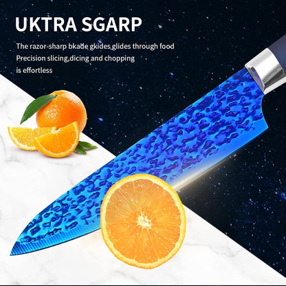 Knife Set, Kitchen Non Stick Knives Set with Block Thick Blade Cutlery Knife Block Sets with Sharpener 6pcs Steak Knife Shears Chef Sharp Quality Aluminum Alloy Block Blue Handle and Blade
