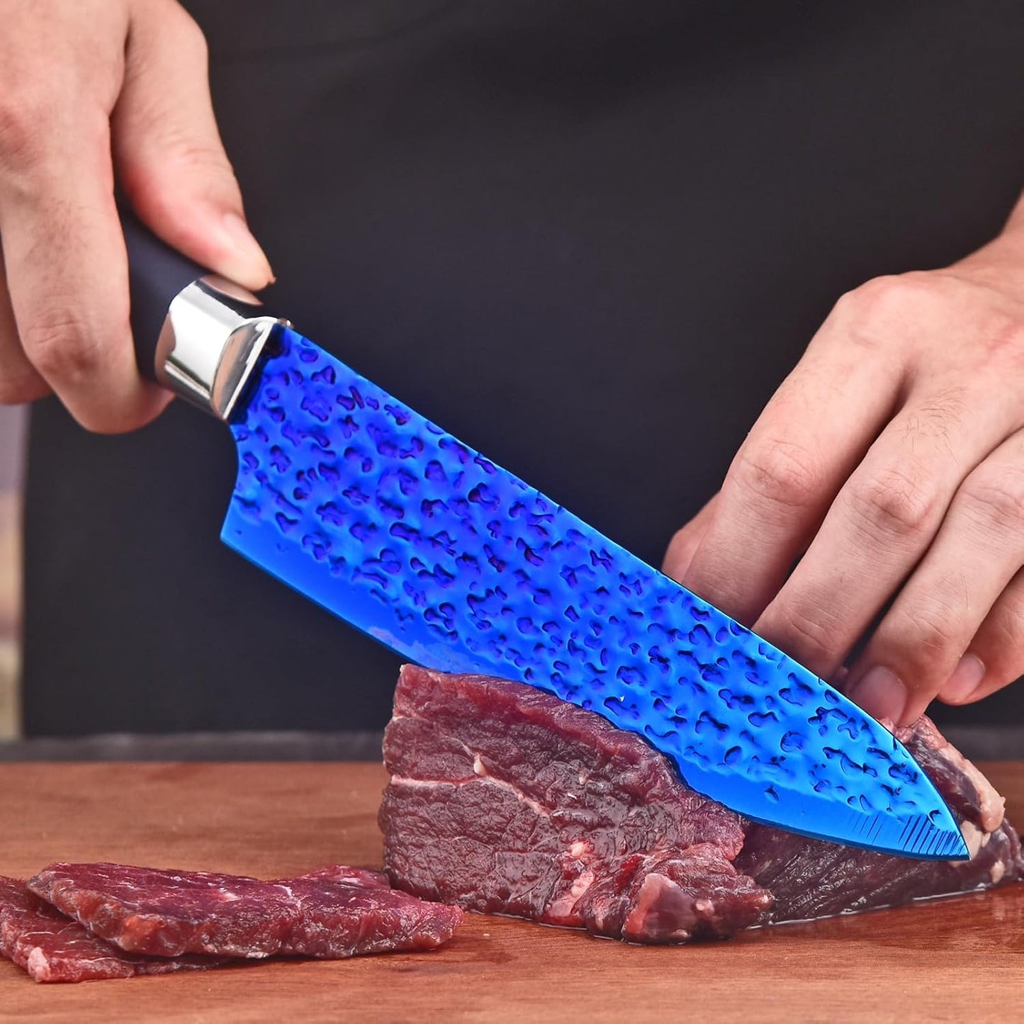 Knife Set, Kitchen Non Stick Knives Set with Block Thick Blade Cutlery Knife Block Sets with Sharpener 6pcs Steak Knife Shears Chef Sharp Quality Aluminum Alloy Block Blue Handle and Blade