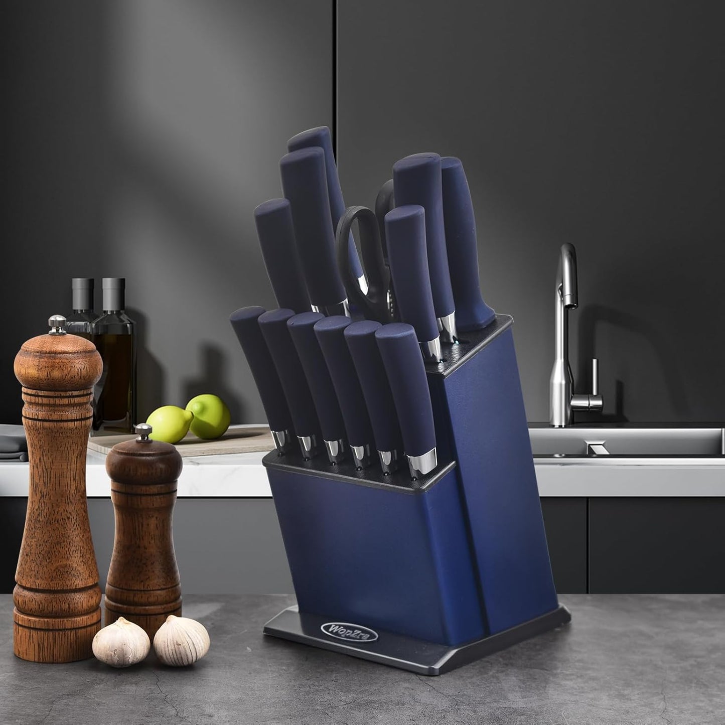 Knife Set, Kitchen Non Stick Knives Set with Block Thick Blade Cutlery Knife Block Sets with Sharpener 6pcs Steak Knife Shears Chef Sharp Quality Aluminum Alloy Block Blue Handle and Blade