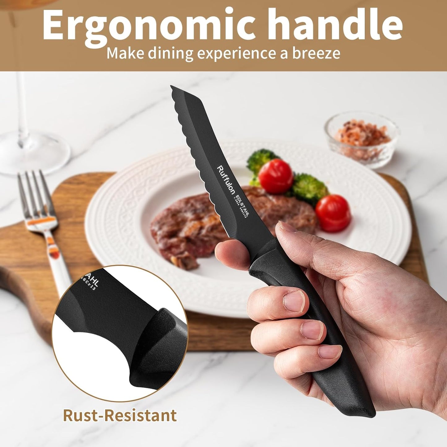 Steak Knives,4 Pieces Steak Knife Set,Sharp Serrated Kitchen Knife,Stainless Steel Table Knife,Ergonomic Handles Dinner Knives,Dishwasher Safe