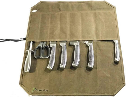 Professional Chef's Knife Roll, Waxed Canvas Knife Organiser, Culinary Bag Wrap, Travel Tool Roll Pouch Storage