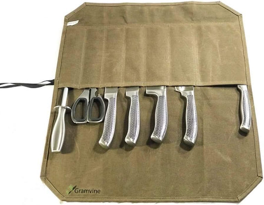 Professional Chef's Knife Roll, Waxed Canvas Knife Organiser, Culinary Bag Wrap, Travel Tool Roll Pouch Storage