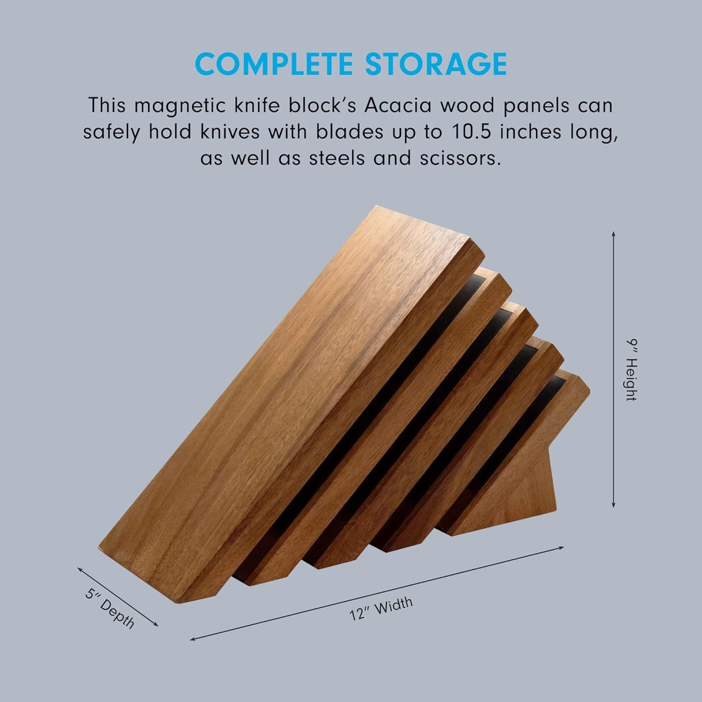 Next Level Magnetic Knife Block, Acacia - Modern, Ventilated & Lighted with UV LEDs - Holds 16 Knives or Steels & Scissors - 12"w x 9"h x 5"d