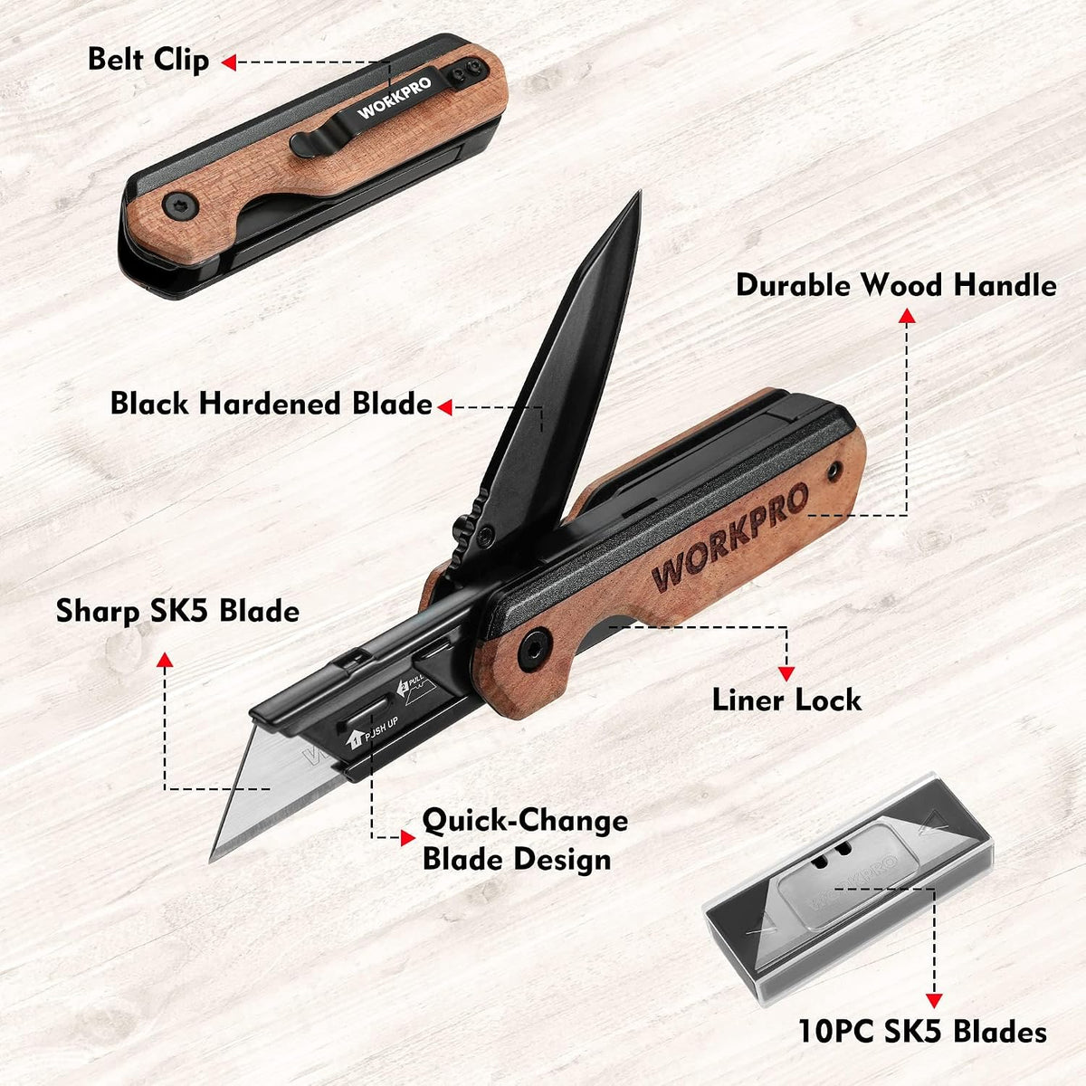 2-in-1 Folding Knife/Utility Knife, Wood Handle