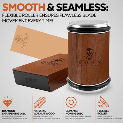 Rolling Knife Sharpener - Knife Sharpening Kit for Kitchen Knives - Leather Strop, Manual Knife Sharpener with Diamond & Ceramic Discs, 15° & 20° Angles - Perfect for Home & Kitchens