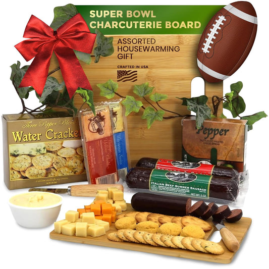 Charcuterie Board Gift Set – Bamboo Cutting Board, Three-Pepper Crackers, Italian Sausage, Wisconsin Cheese, Cheese Spread, and Knife – Wedding or Housewarming Gift