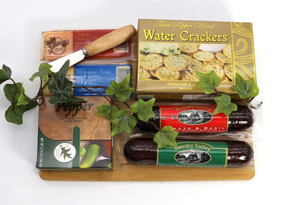 Charcuterie Board Gift Set – Bamboo Cutting Board, Three-Pepper Crackers, Italian Sausage, Wisconsin Cheese, Cheese Spread, and Knife – Wedding or Housewarming Gift
