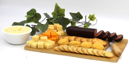 Charcuterie Board Gift Set – Bamboo Cutting Board, Three-Pepper Crackers, Italian Sausage, Wisconsin Cheese, Cheese Spread, and Knife – Wedding or Housewarming Gift