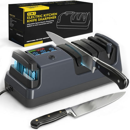Electric Knife Sharpener for Kitchen - Professional 3-Stage Sharpening for Straight-Edge & Serrated Knives and Scissors, with 100% Diamond Abrasive (Grey)