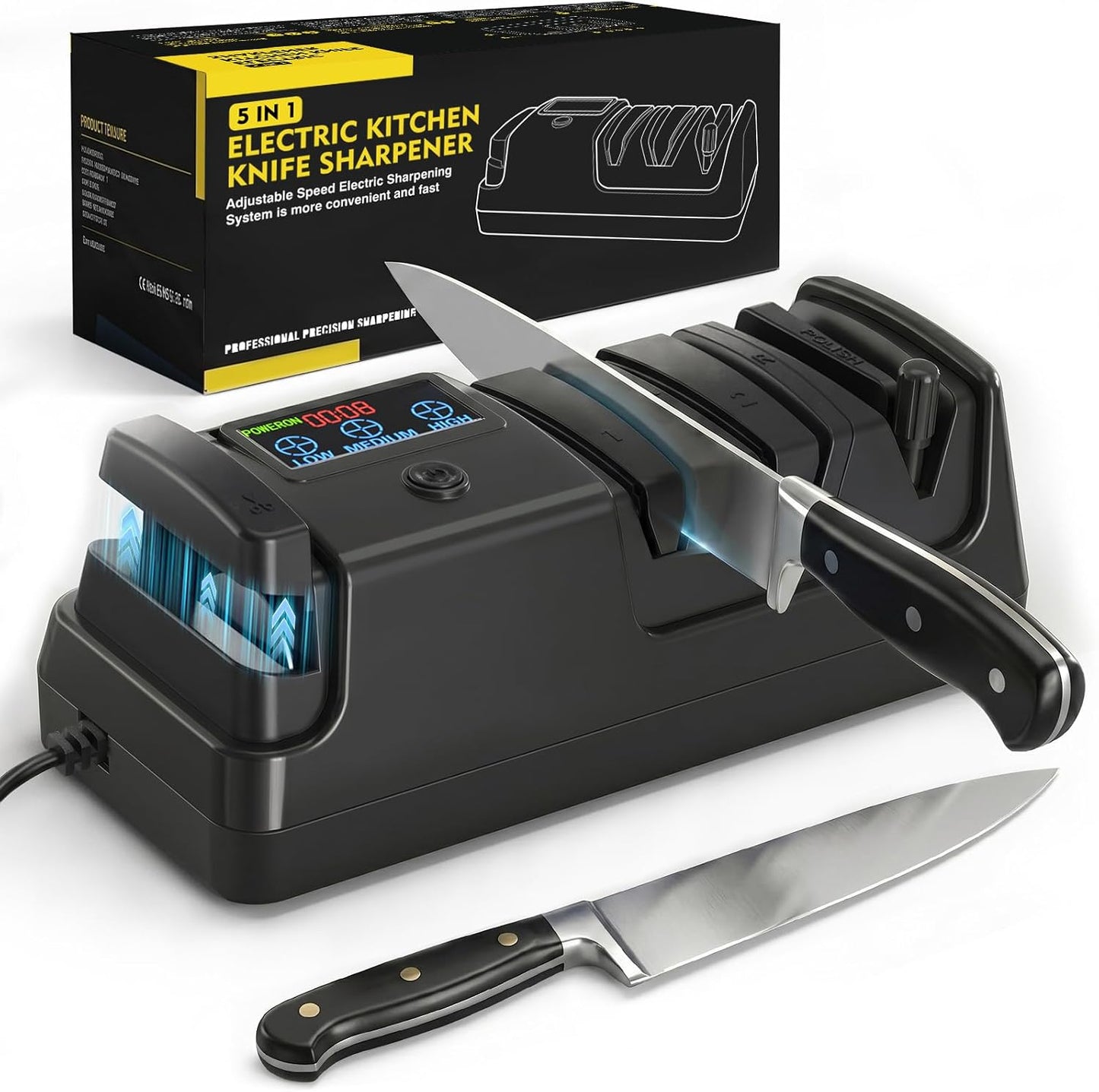 Electric Knife Sharpener for Kitchen - Professional 3-Stage Sharpening for Straight-Edge & Serrated Knives and Scissors, with 100% Diamond Abrasive (Grey)