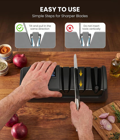 Electric Knife Sharpener for Kitchen - Professional 3-Stage Sharpening for Straight-Edge & Serrated Knives and Scissors, with 100% Diamond Abrasive (Grey)