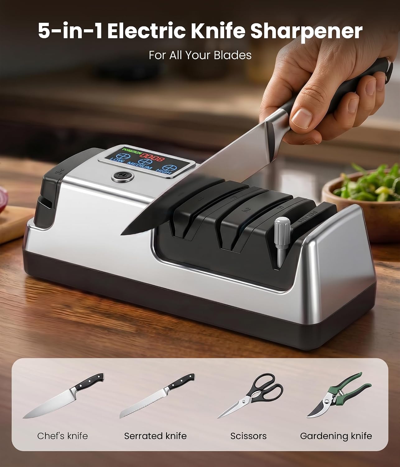 Electric Knife Sharpener for Kitchen - Professional 3-Stage Sharpening for Straight-Edge & Serrated Knives and Scissors, with 100% Diamond Abrasive (Grey)