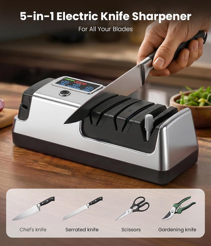 Electric Knife Sharpener for Kitchen - Professional 3-Stage Sharpening for Straight-Edge & Serrated Knives and Scissors, with 100% Diamond Abrasive (Grey)