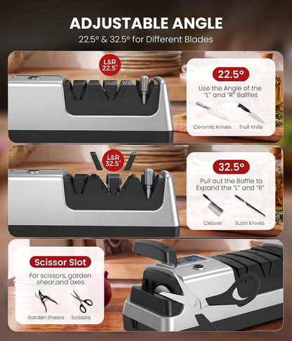 Electric Knife Sharpener for Kitchen - Professional 3-Stage Sharpening for Straight-Edge & Serrated Knives and Scissors, with 100% Diamond Abrasive (Grey)