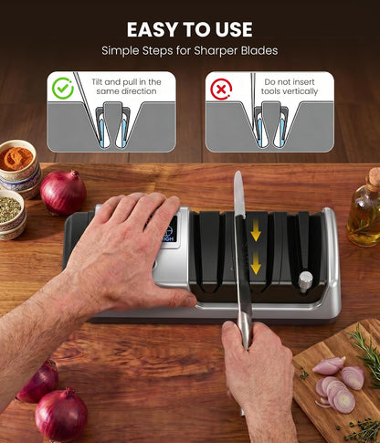 Electric Knife Sharpener for Kitchen - Professional 3-Stage Sharpening for Straight-Edge & Serrated Knives and Scissors, with 100% Diamond Abrasive (Grey)