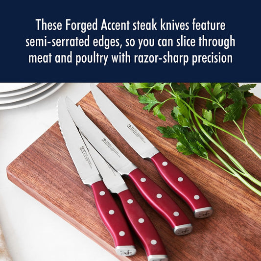 Forged Accent Razor-Sharp Steak Knife Set of 4, Red, German Engineered Knife Informed by over 100 Years of Mastery