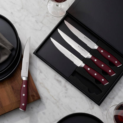 Forged Accent Razor-Sharp Steak Knife Set of 4, Red, German Engineered Knife Informed by over 100 Years of Mastery