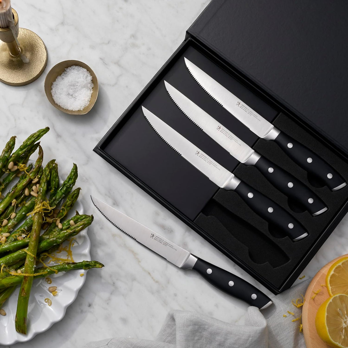 Forged Accent Razor-Sharp Steak Knife Set of 4, Red, German Engineered Knife Informed by over 100 Years of Mastery
