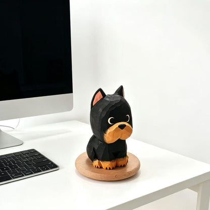 Hand-Carved Wooden Teddy Dog Figurine, 2.7" Brown Puppy Statue with Base for Car Dashboard, Desk & Home Decor, Gift for Dog Lovers