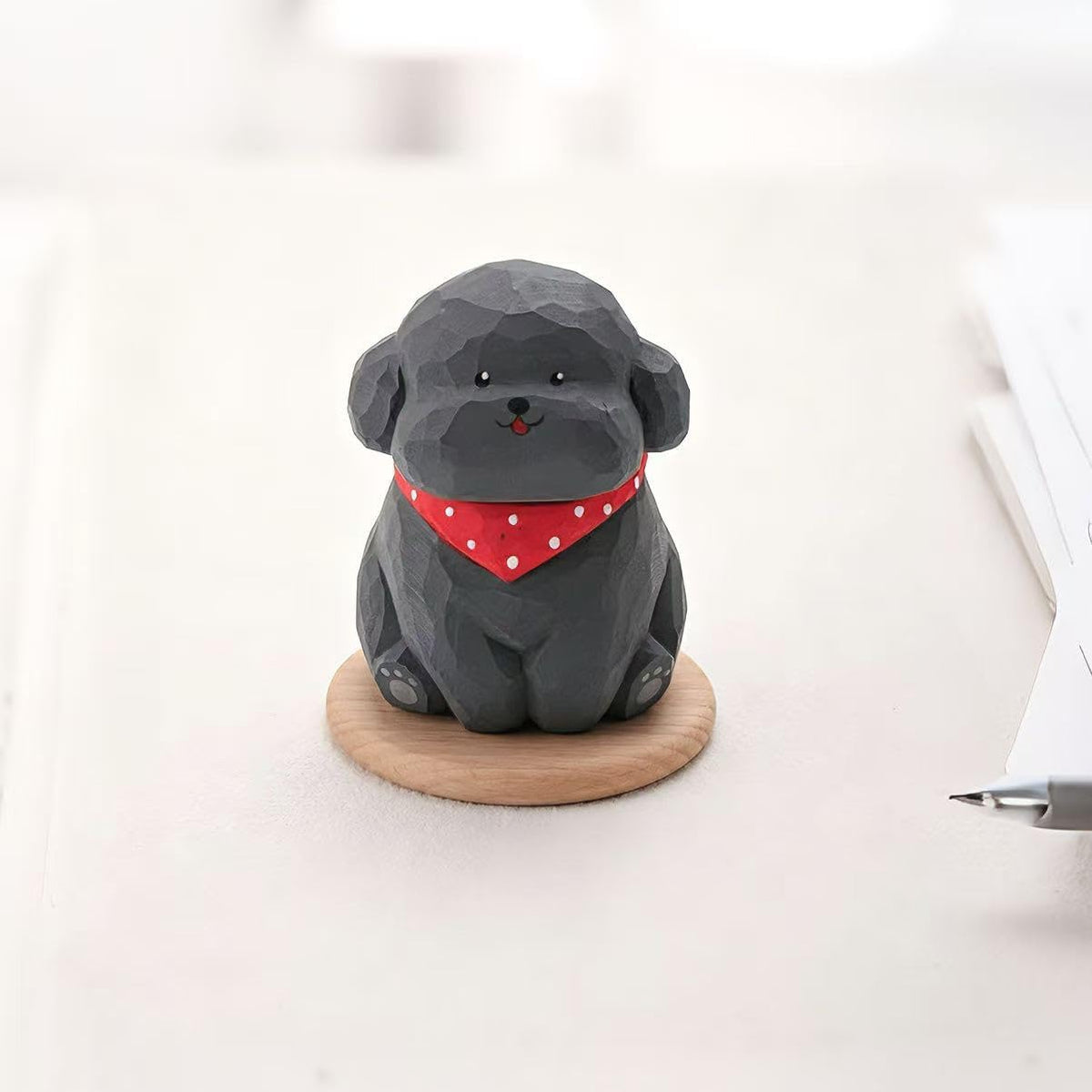 Hand-Carved Wooden Teddy Dog Figurine, 2.7" Brown Puppy Statue with Base for Car Dashboard, Desk & Home Decor, Gift for Dog Lovers