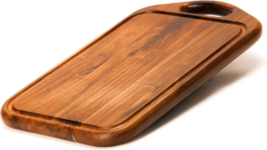 Acacia Wood Cutting Board with Handle, 13x8 Inch Wooden Board for Kitchen, Serving, Charcuterie and Cheese, Juice Groove, Knife Friendly
