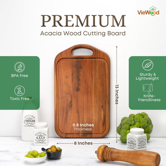 Acacia Wood Cutting Board with Handle, 13x8 Inch Wooden Board for Kitchen, Serving, Charcuterie and Cheese, Juice Groove, Knife Friendly