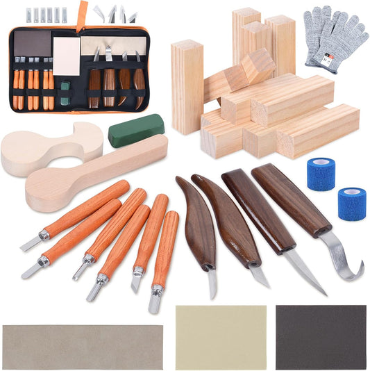 42pcs Wood Carving Tools Kit, Wood Whittling Knife Set for Beginners, Wood Carving Knife Set with 12 Basswood Blocks, Woodworking Kit DIY Hobbies for Adults Spoon Bowl Kuksa Cup