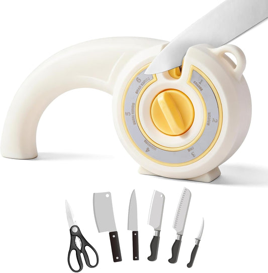 6-in-1 Knife Sharpener, 6-Stage Kitchen Knife Sharpener Helps Repair, Restore, Polish Pocket Knife, Chefs knife and Scissors with Ergonomic Non-Slip Grip - Beige