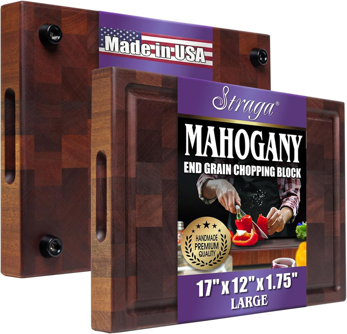Handmade Reversible End Grain Mahogany Heavy-Duty Chopping Block with Non-Slip Feet, Deep Juice Groove, Built-in Handles - Ideal for Cutting Meat, Cheese, Vegetables (17" x 12", Mahogany)