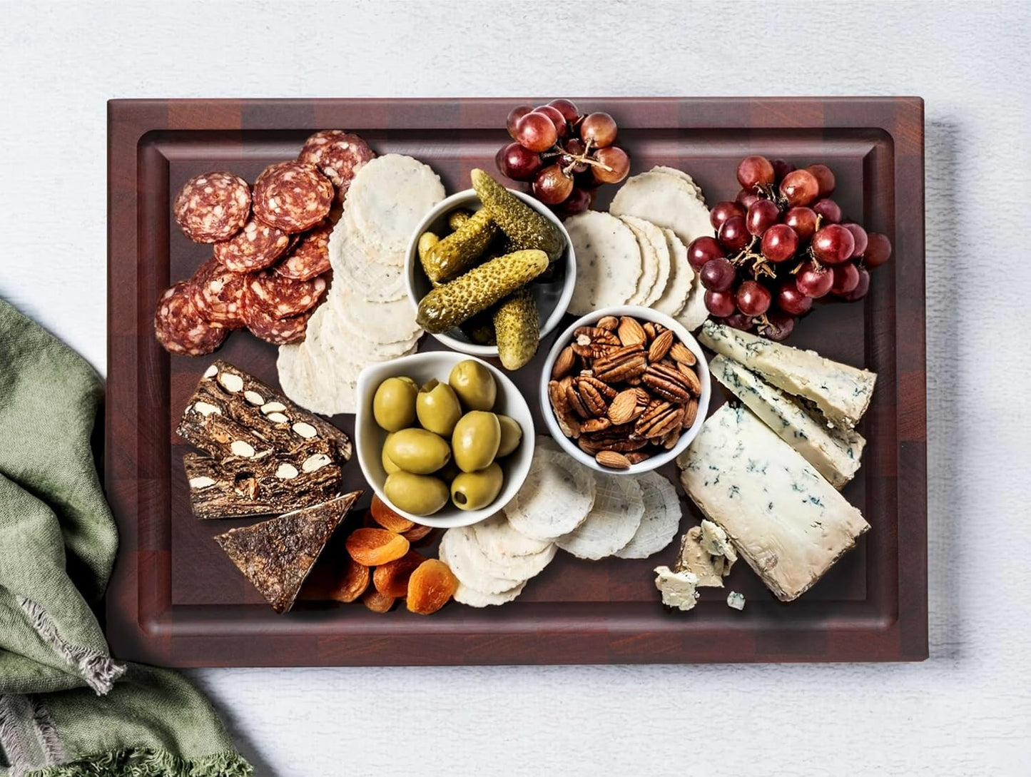 Handmade Reversible End Grain Mahogany Heavy-Duty Chopping Block with Non-Slip Feet, Deep Juice Groove, Built-in Handles - Ideal for Cutting Meat, Cheese, Vegetables (17" x 12", Mahogany)
