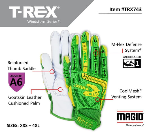 Magid T-REX TRX743 A6 Impact Gloves, Goatskin, 1 Pair, Size 9/Large